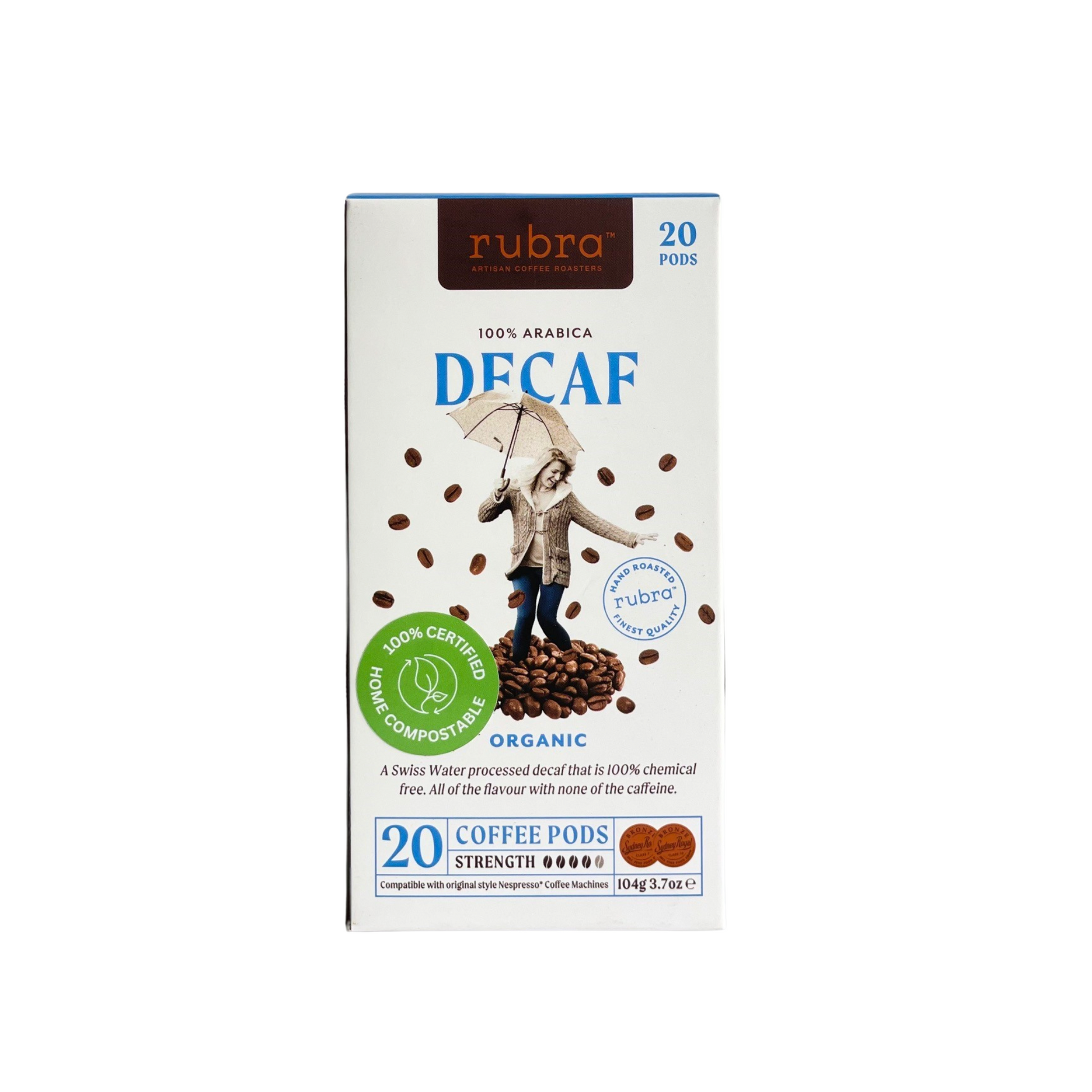 Rubra Organic Decaf Coffee Pods Nespresso Compatible.  Front Box