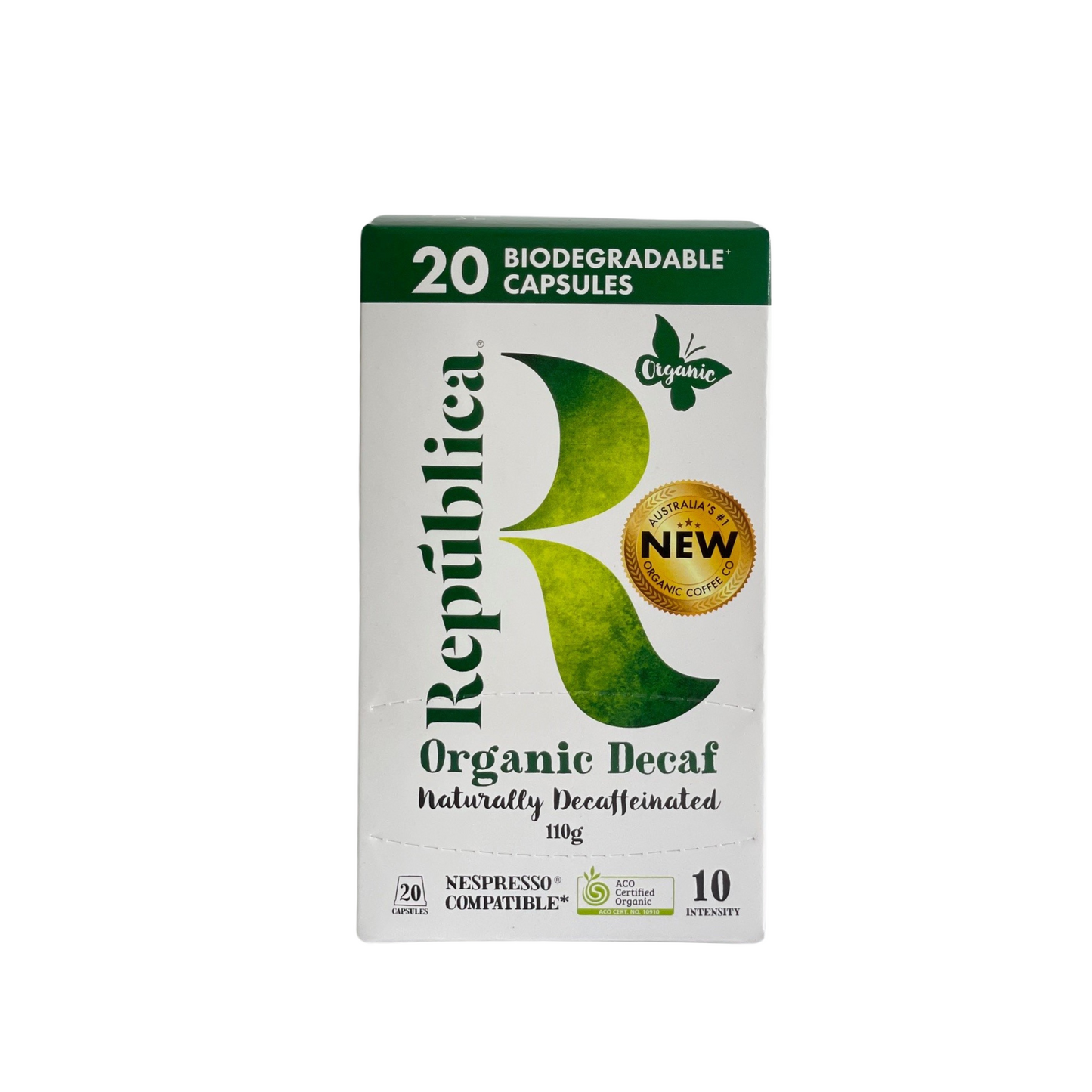 Republica Organic Decaf Coffee Pods Nespresso Compatible.  Front Box