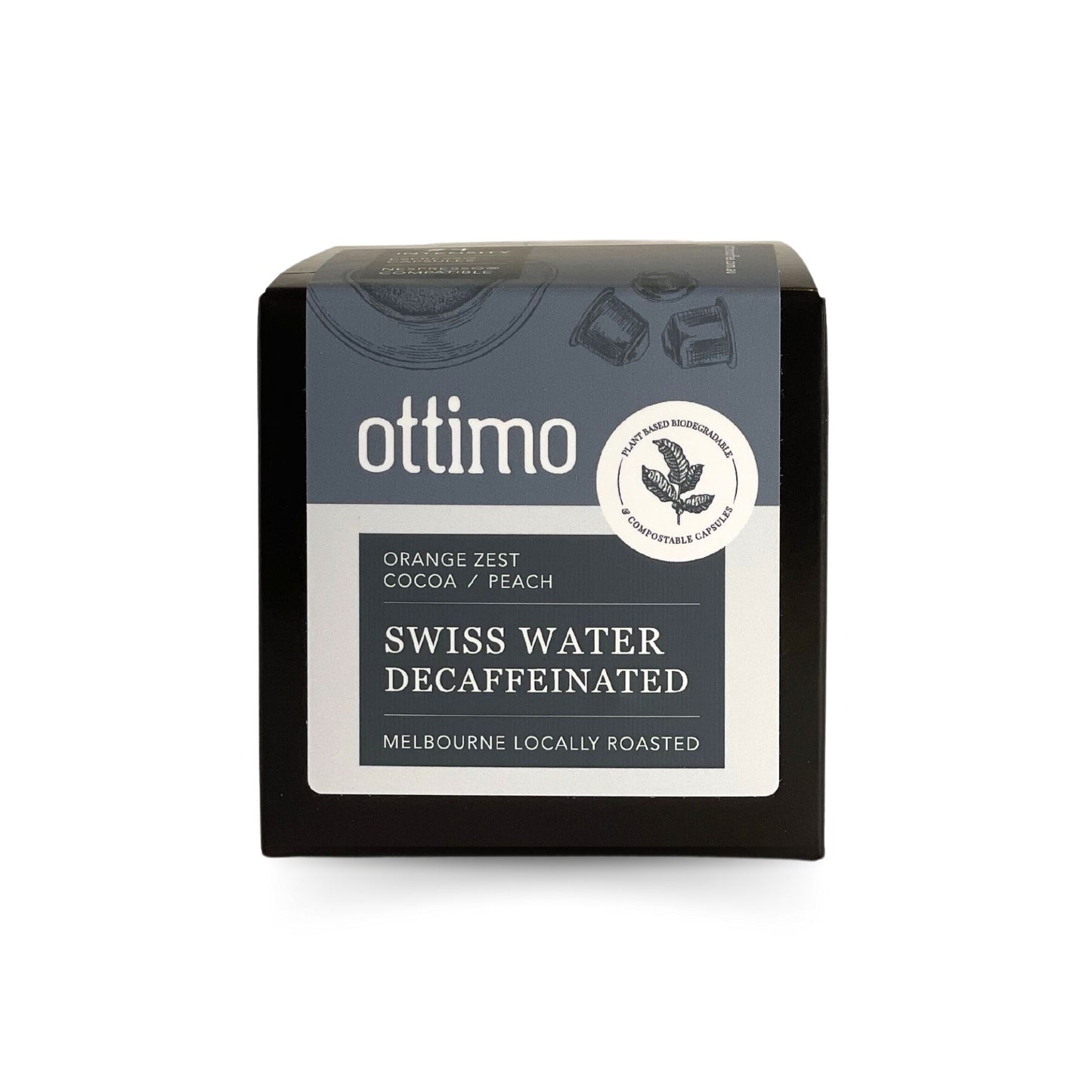 Ottimo Decaf Coffee Pods – Nespresso Compatible.  Box Front